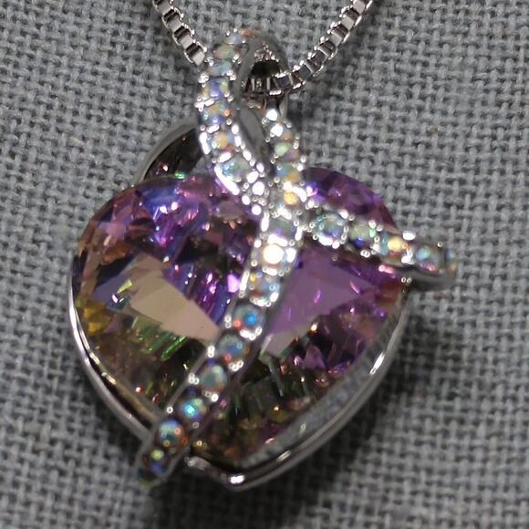 Crystal Pink Heart Pendant Necklace, Chain 18", AB Rhinestones, 18KGP, 18 Inch - Picture 1 of 8